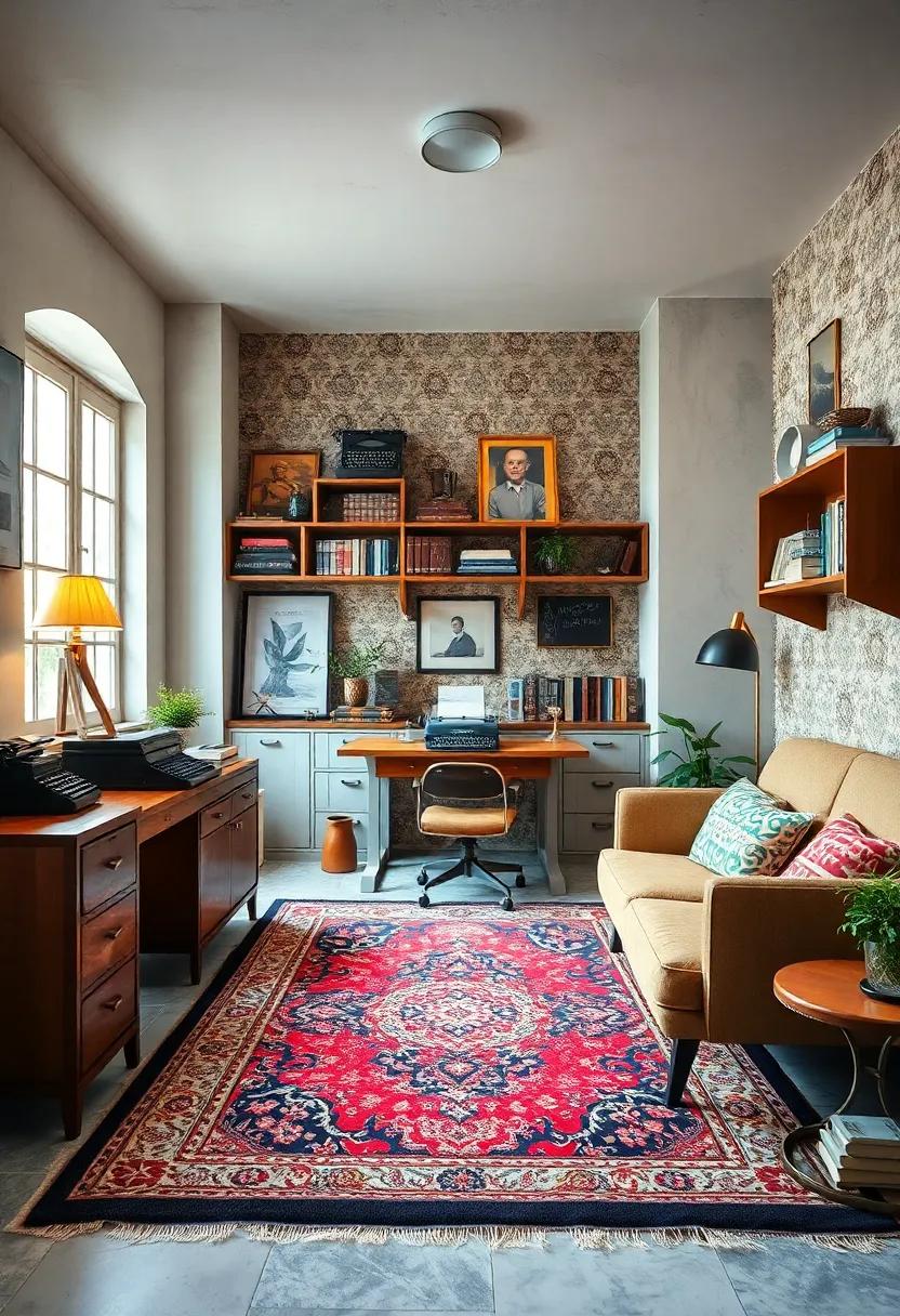 Ornate Rugs and Patterned Wallpaper Embracing the Retro Flair of Typewriter-Centric Home Offices