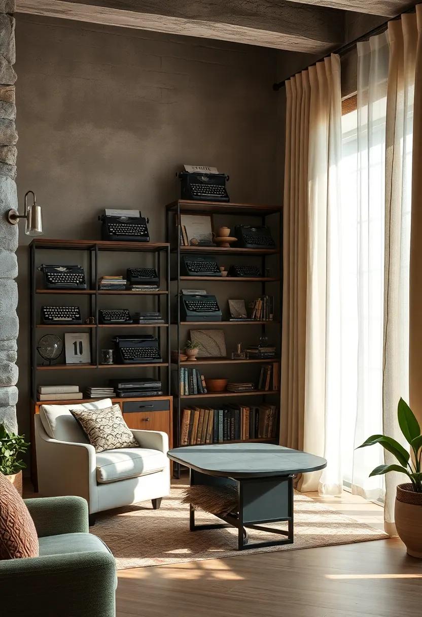 Soft Linen Curtains Flowing Gently Behind Intricate Typewriter Displays in Serene Home Workspaces