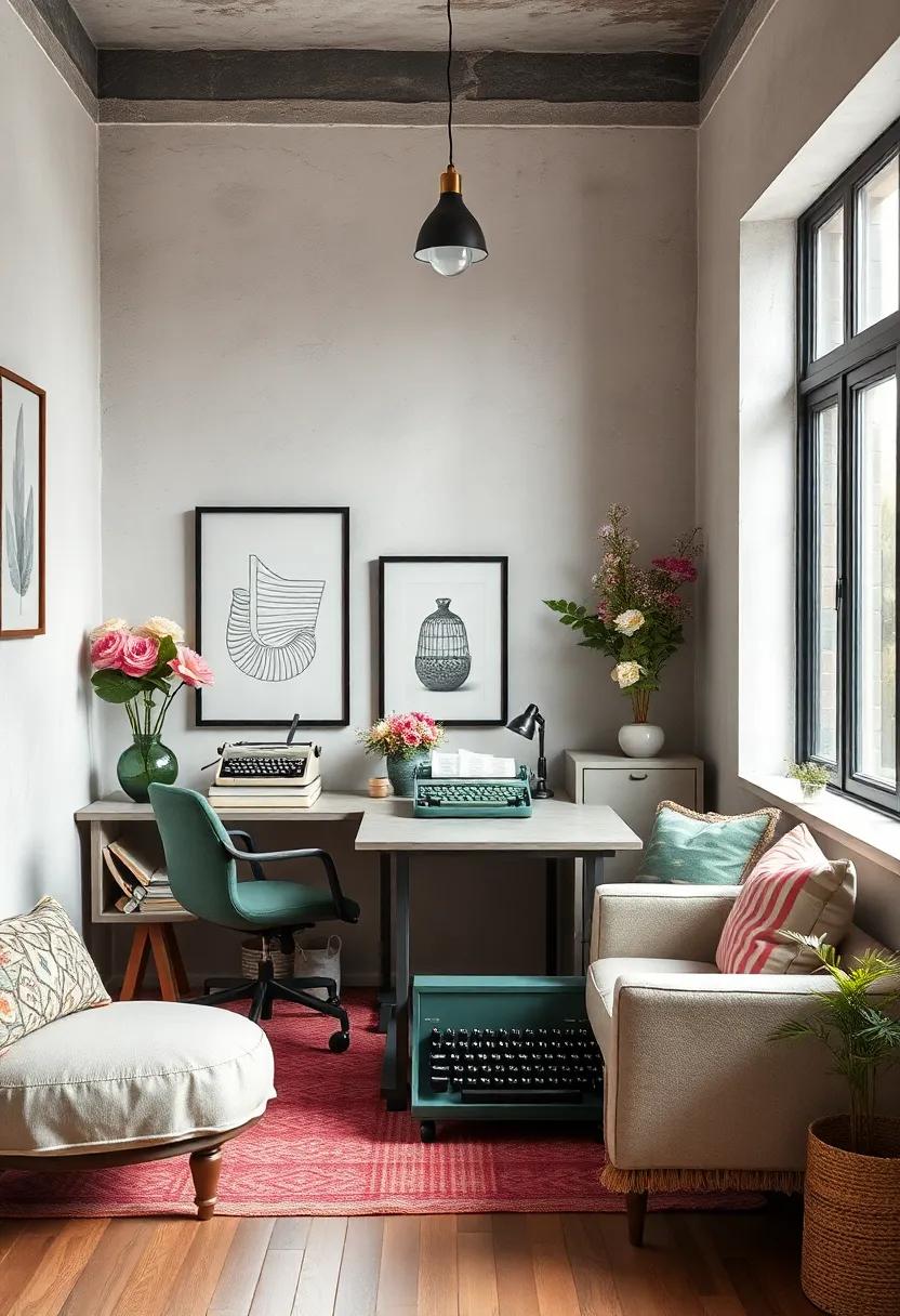 Delicate Floral Accents Complementing Vintage Typewriter Decor in Cozy, Inviting Home Office Spaces