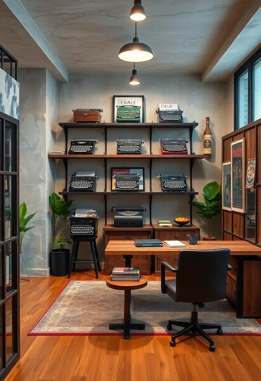 The Fusion of Industrial Metal and Warm Wood Elements Framing Vintage Typewriter Displays Perfectly