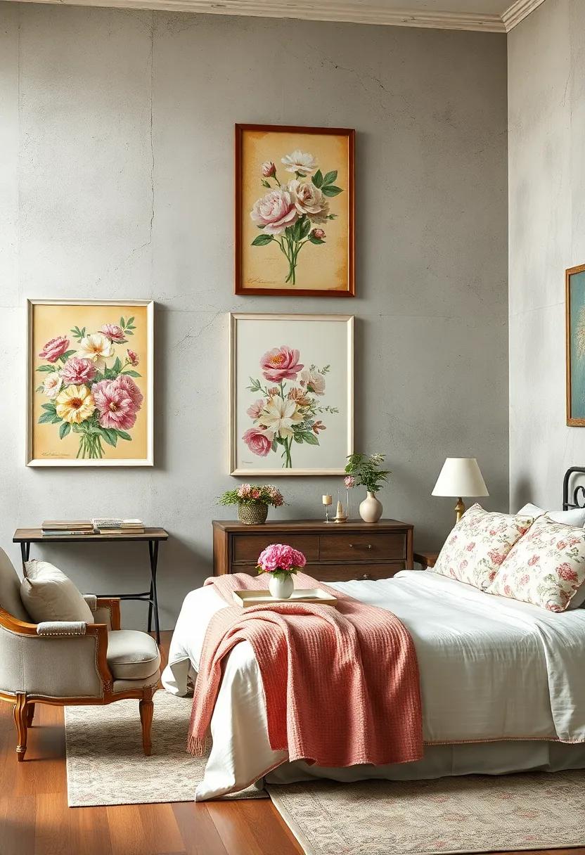 Shabby Chic Bedrooms with Floral Vintage Textile Prints and Distressed White Frames