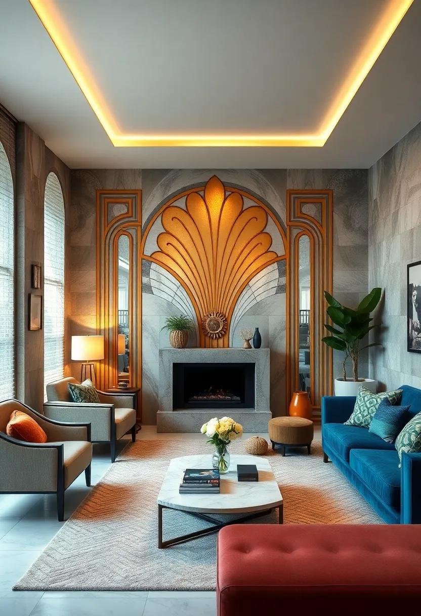Art Deco Wall Murals with Gold and Deep Jewel Tones Reflecting the Roaring Twenties