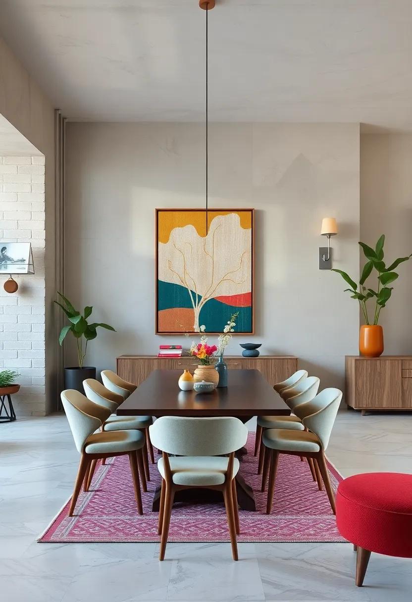 Mid-Century Modern Dining Rooms Featuring Geometric Abstract Prints in Vintage Palettes
