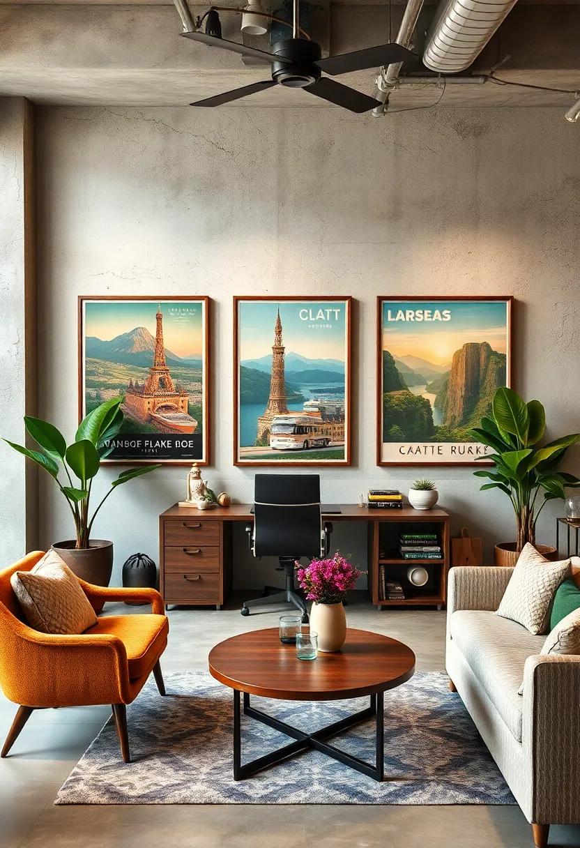 Classic Travel Posters from the 1920s and 30s Framing a Retro-Inspired Office Space