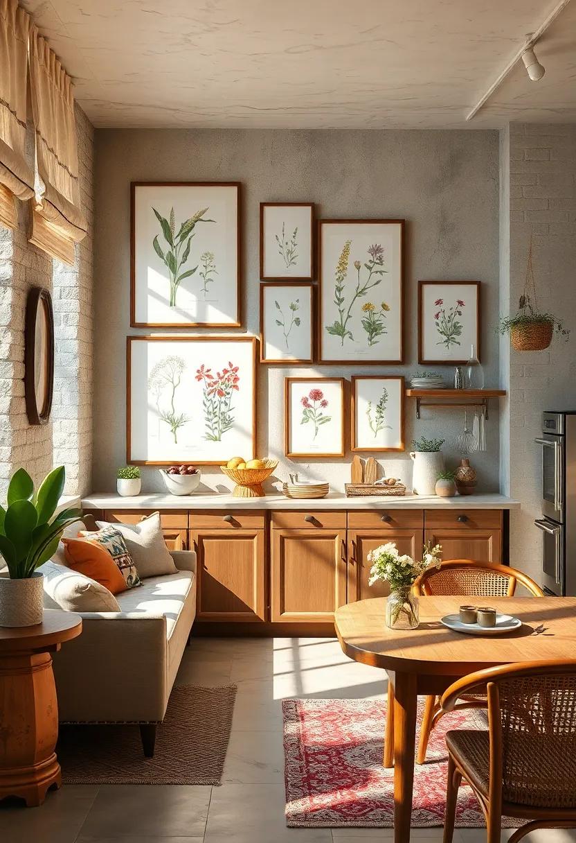 Vintage Botanical Herbarium Prints Arranged in a Sunlit Kitchen for a Farmhouse Feel