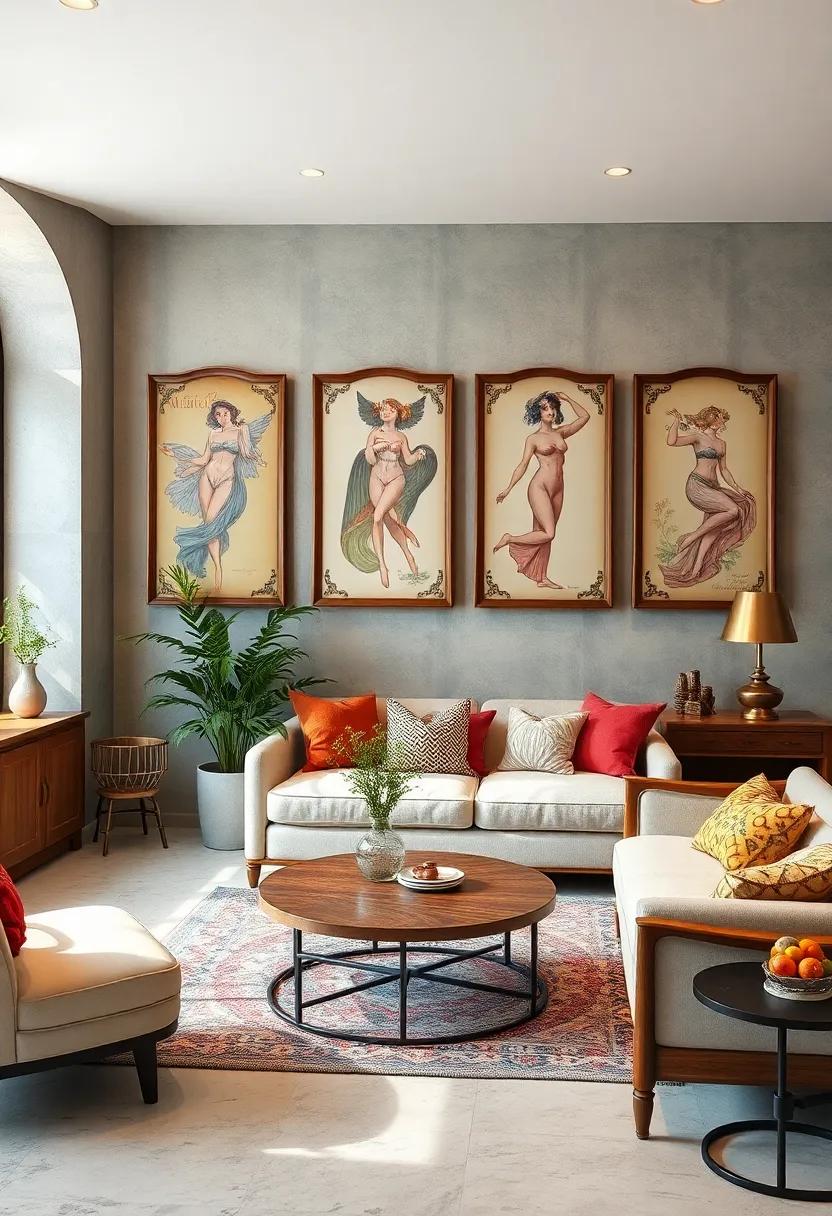 Delicate Art Nouveau Illustrations Showcased in Curved Wooden Frames with Soft Lighting