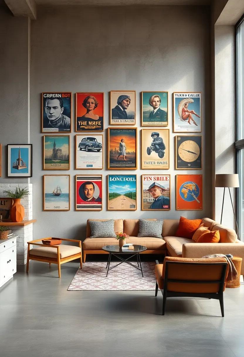 Transforming a Simple Wall into a Vintage Art Museum with Curated Poster Arrangements and Bright Lighting