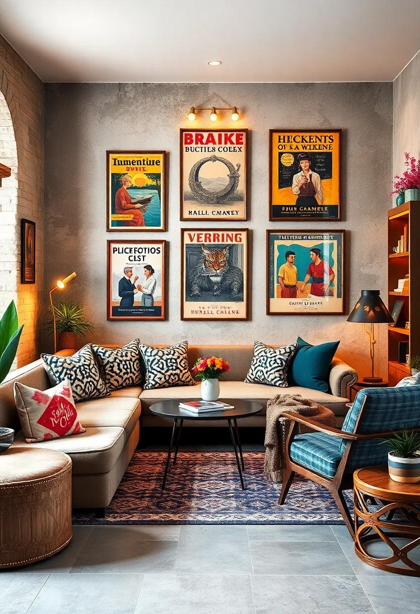 Creating a Cozy Reading Nook Enhanced by Vintage Book Cover Posters and Warm Lighting Ambiance