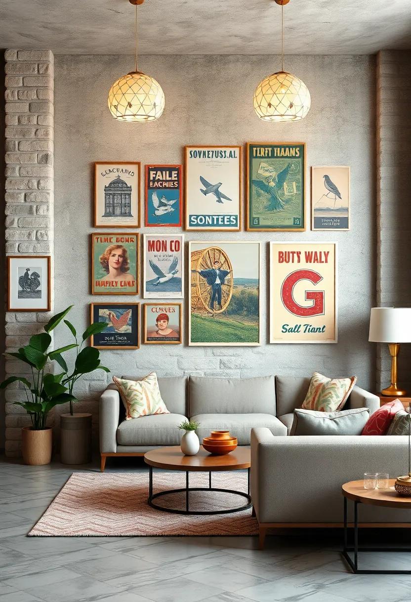 Layering Multiple Vintage Prints with Varied Sizes and Styles for an Eclectic and Lively Focal Wall