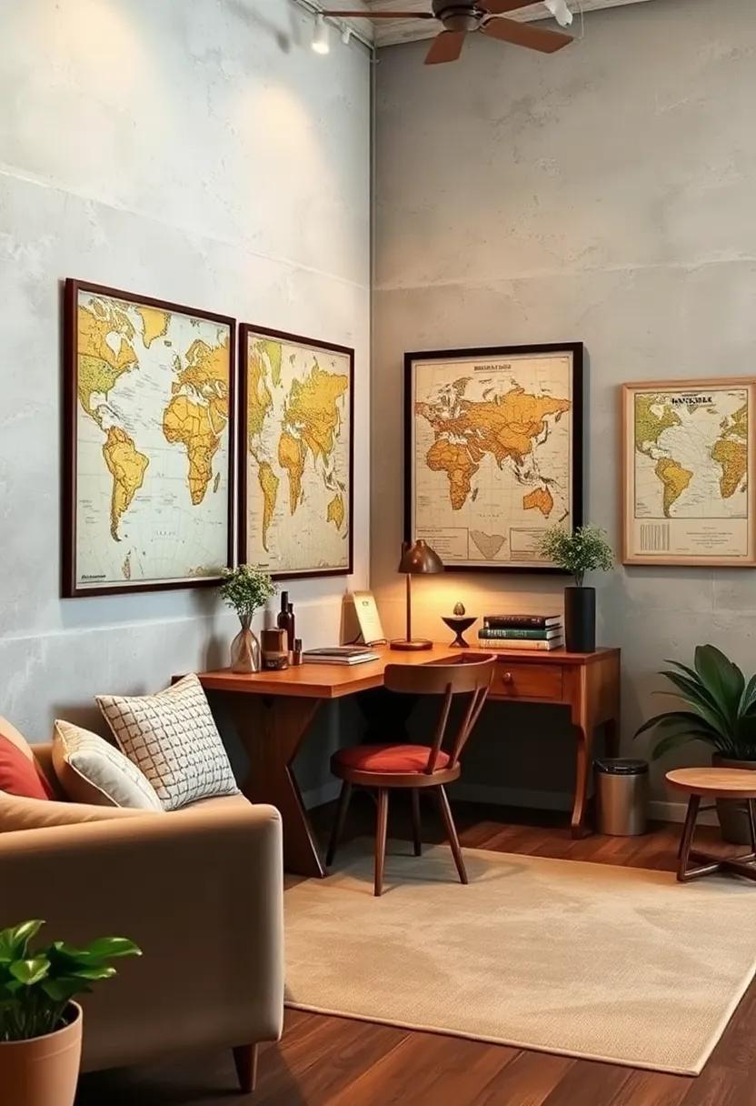 Designing a Rustic Study Corner with Vintage Maps and Historical Posters for a Scholarly Atmosphere