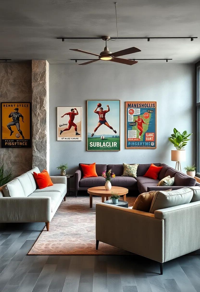 Blending Vintage Sports Posters with Modern Decor to Create an Energetic and Unique Lounge Area