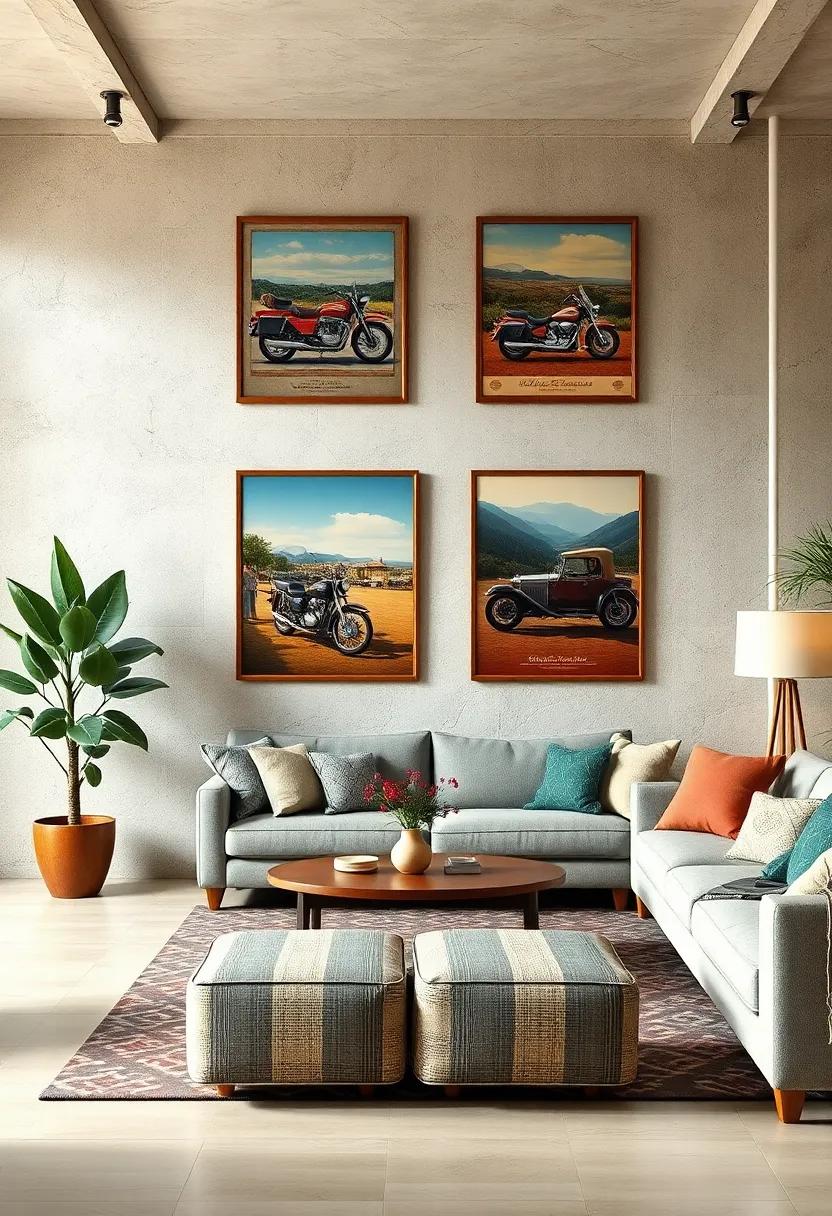 Incorporating Vintage Posters Featuring Classic Cars and Motorcycles to Add a Timeless Style