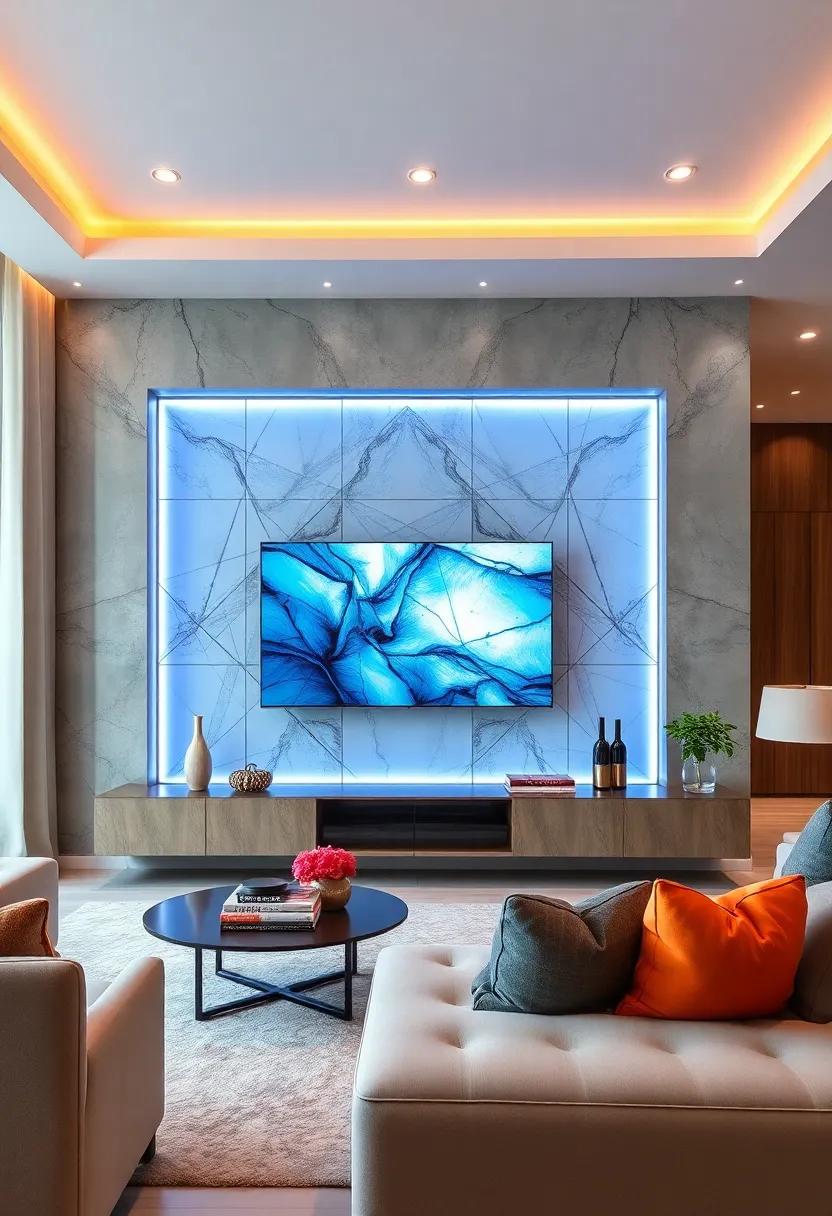 Backlit Panels Behind Floating Cabinets Enhancing the Visual Drama of a Wall-Mounted TV Setup