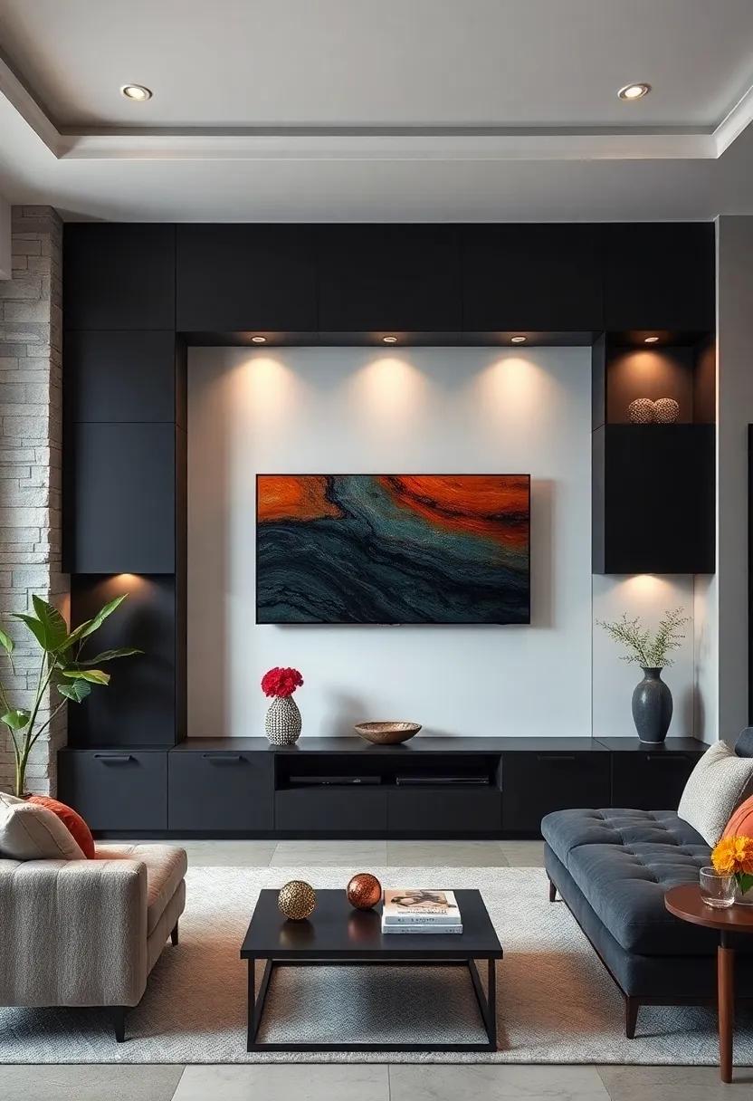Bold Contrast of Matte Black Cabinets and Bright White Walls Framing a Large Flat-Screen TV in a Minimalist Setting