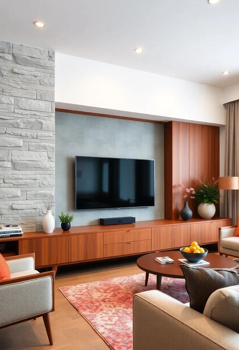 Classic Mid-Century Modern Cabinets with Tapered Legs and Teak Finish Surrounding a State-of-the-Art TV
