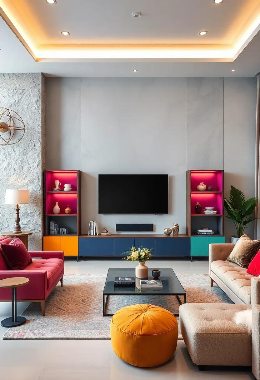 Colorful Accent Cabinetry Units Flanking a TV to Add a Vibrant Pop to a Neutral Living Room Palette
