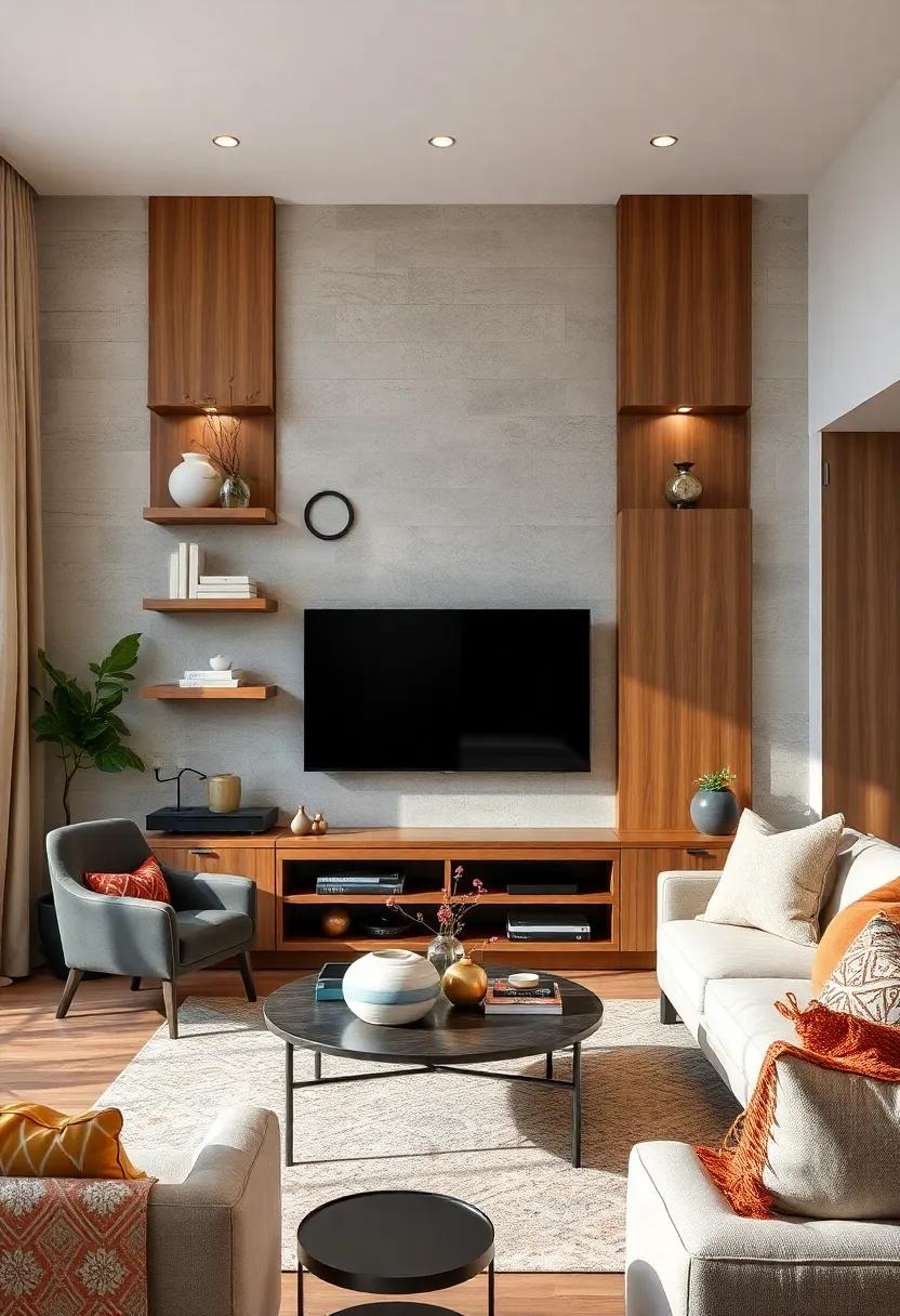 Create a Cozy Entertainment Nook Featuring Built-in Shelving and Warm Wooden Cabinetry Around a TV