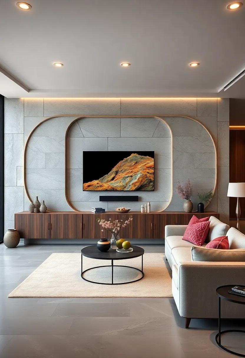 Curved Cabinet Designs Wrapping Around an OLED TV to Soften Lines and Add Architectural Interest
