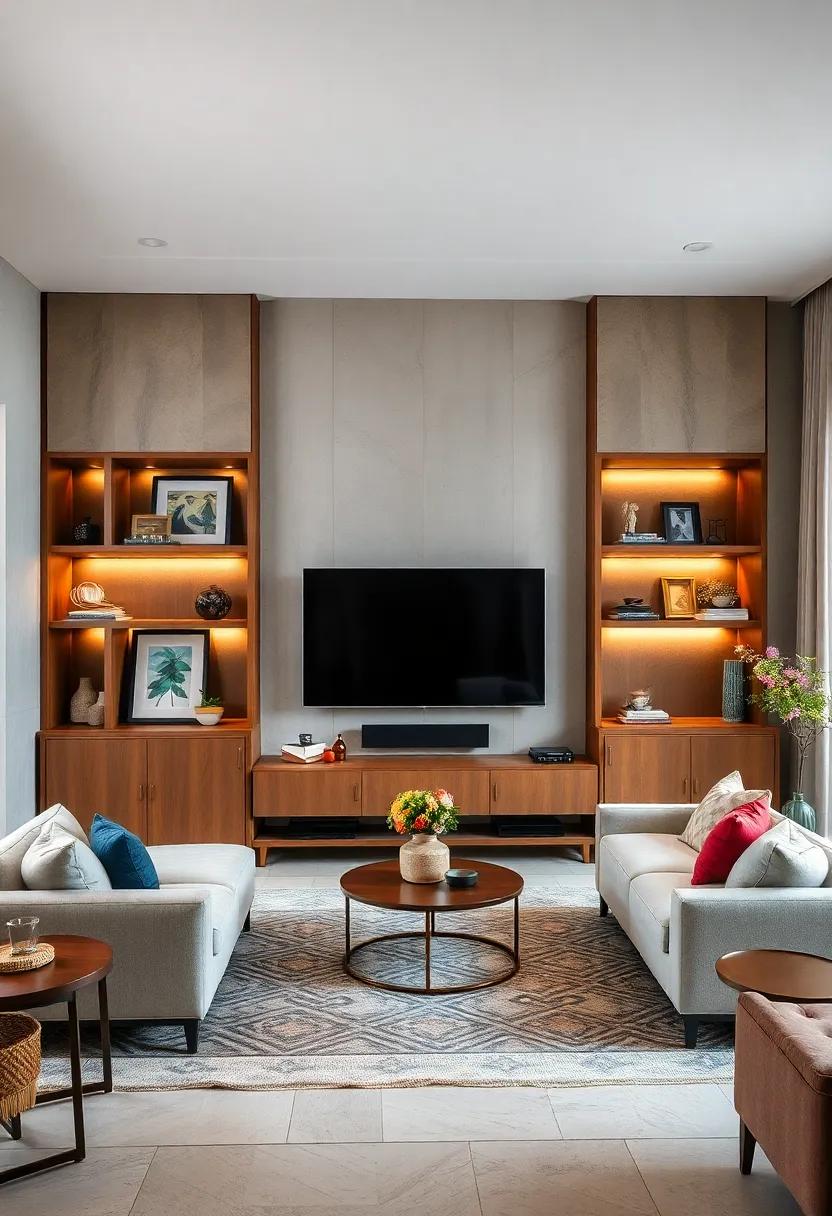 Eclectic Mix of Open Cubes and Closed Cabinets Displaying Art and Electronics Flanking a Central TV