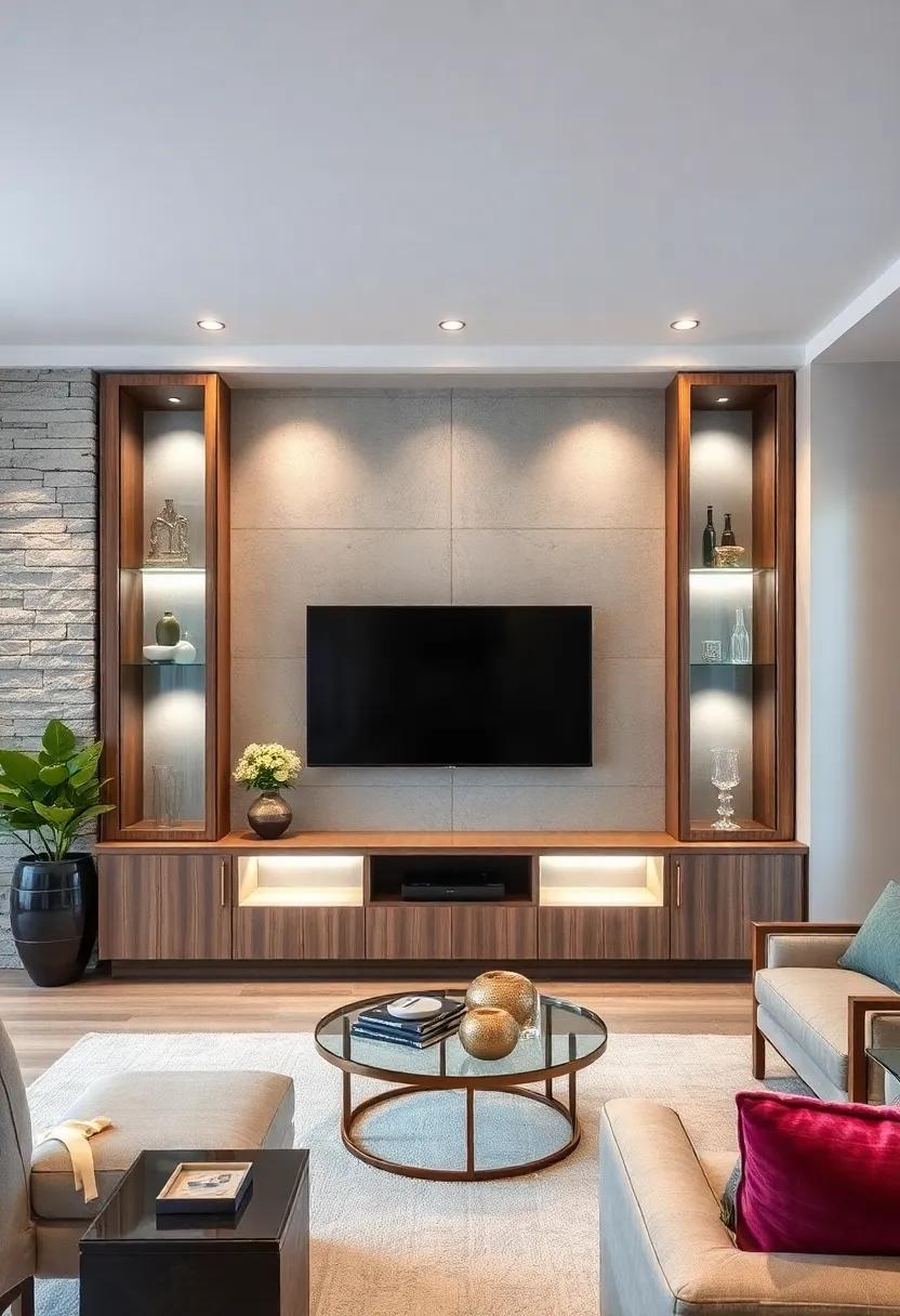 Elegant Glass-Front Cabinets Illuminated by Soft LED Lighting Around a Mounted TV for a Sophisticated Look