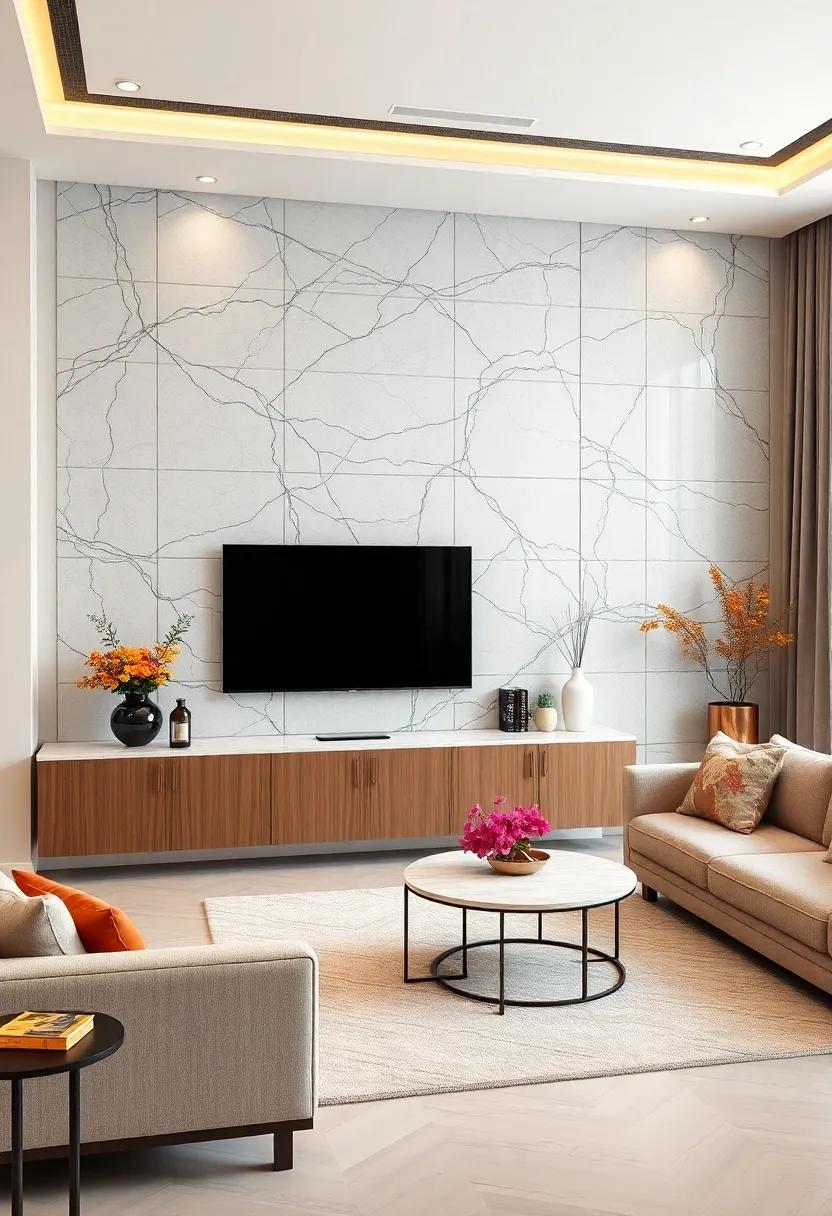 Elegant Marble Countertop Cabinetry Anchoring a Wall-Mounted TV for a Luxurious Living Room Statement