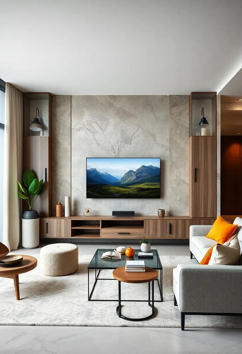 Elevate Your Living Room With Sleek Floating Cabinets Surrounding a Modern Wall-Mounted TV