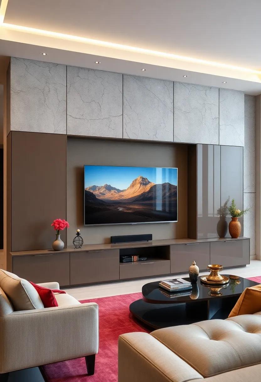 Glossy Lacquered Storage Units Contrasting With Matte Wall Textures Surrounding a High-Resolution TV Display