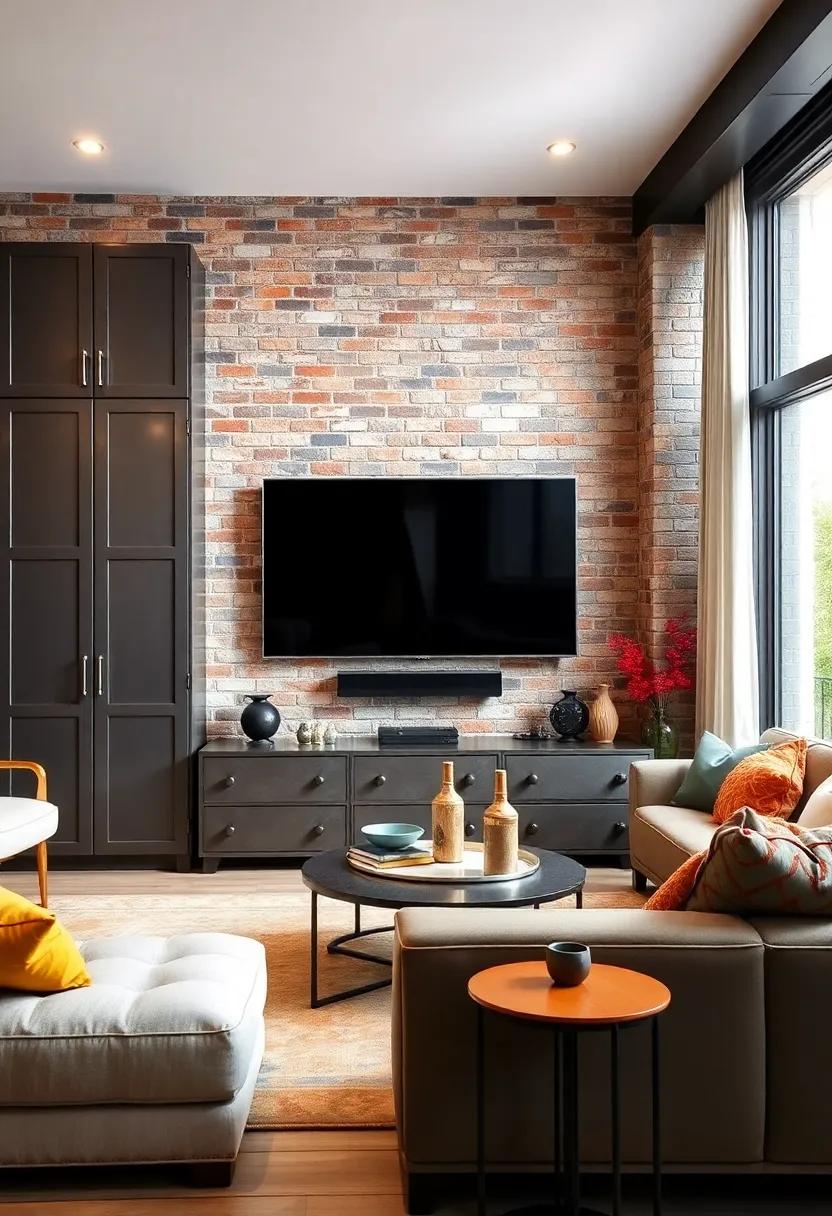 Industrial Style Metal Cabinets and Exposed Brick Backdrop Highlighting a Mounted TV as the Room's Focal Point