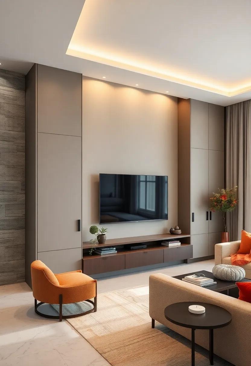 Minimalist Hidden Handle Cabinets Blending With the Wall Color Framing a Slim TV for an Invisible Entertainment Center