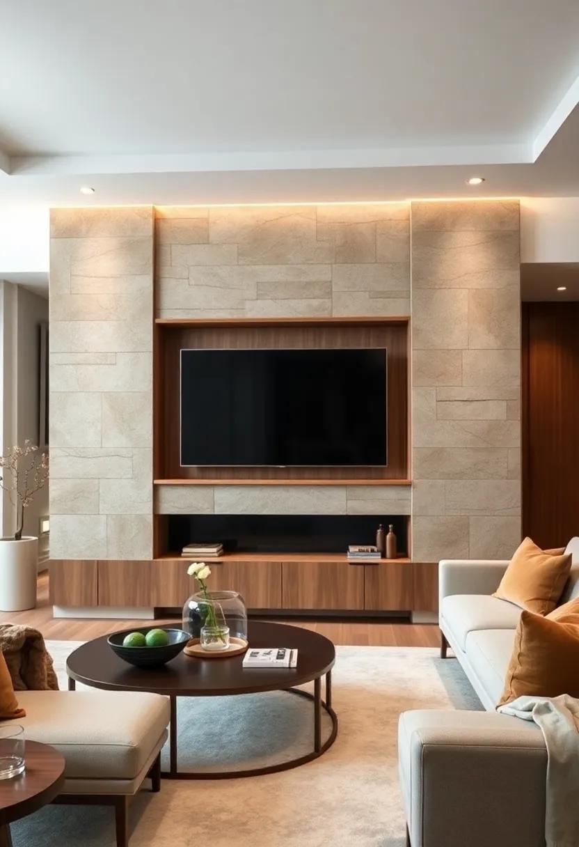 Natural Stone-Inspired Cabinet Fronts Combined With Wood Accents Framing a TV for an Earthy Luxe Vibe