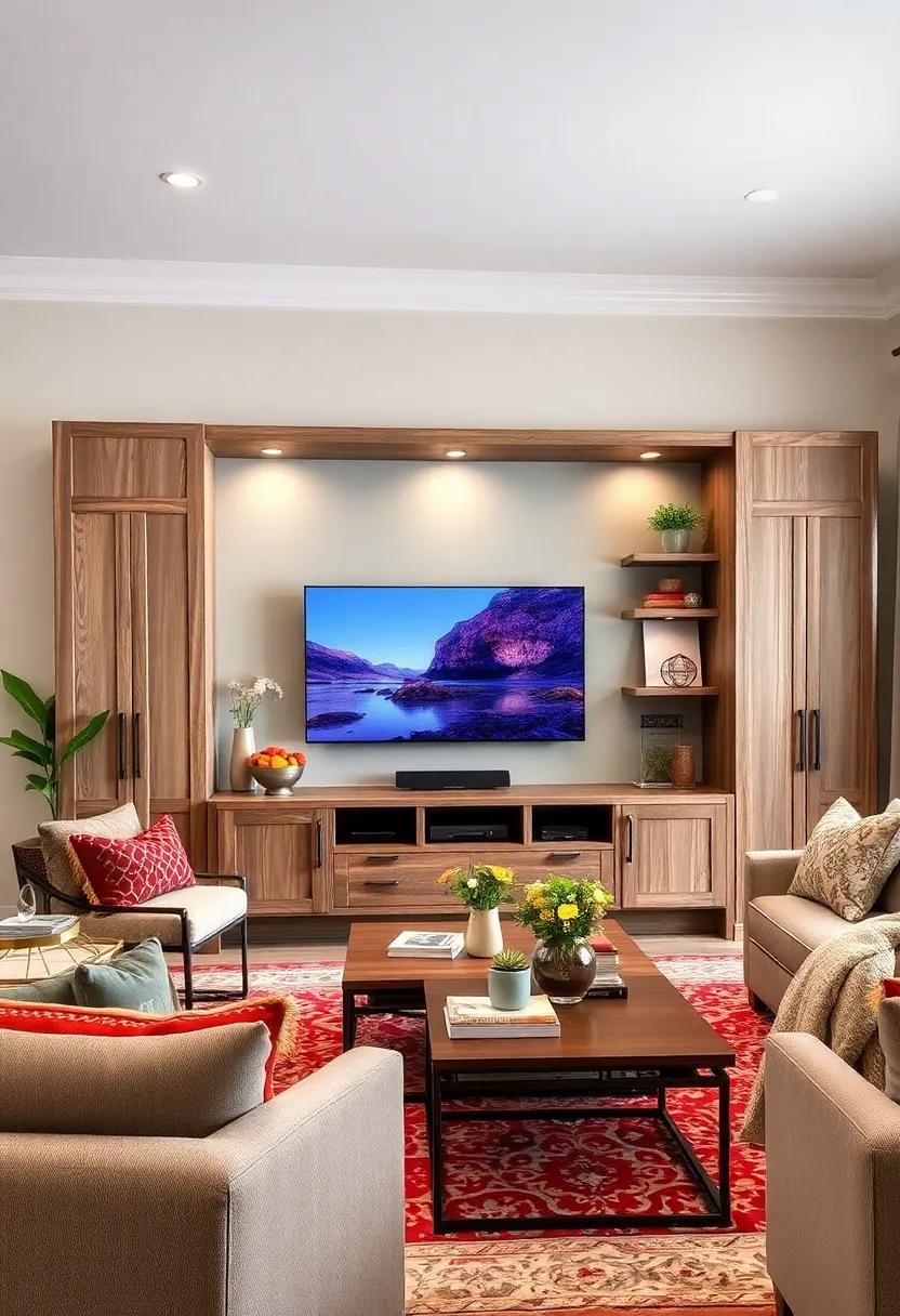 Rustic Charm With Distressed Wood Cabinets and Open Shelving Encasing a TV in a Farmhouse Style Living Space