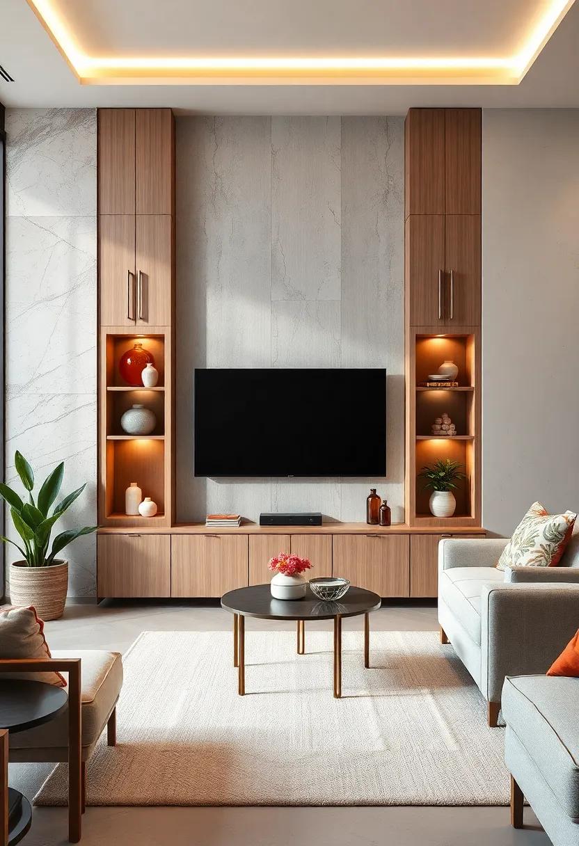 Space-Saving Vertical Cabinets With Hidden Compartments Surrounding a TV for a Streamlined Entertainment Hub