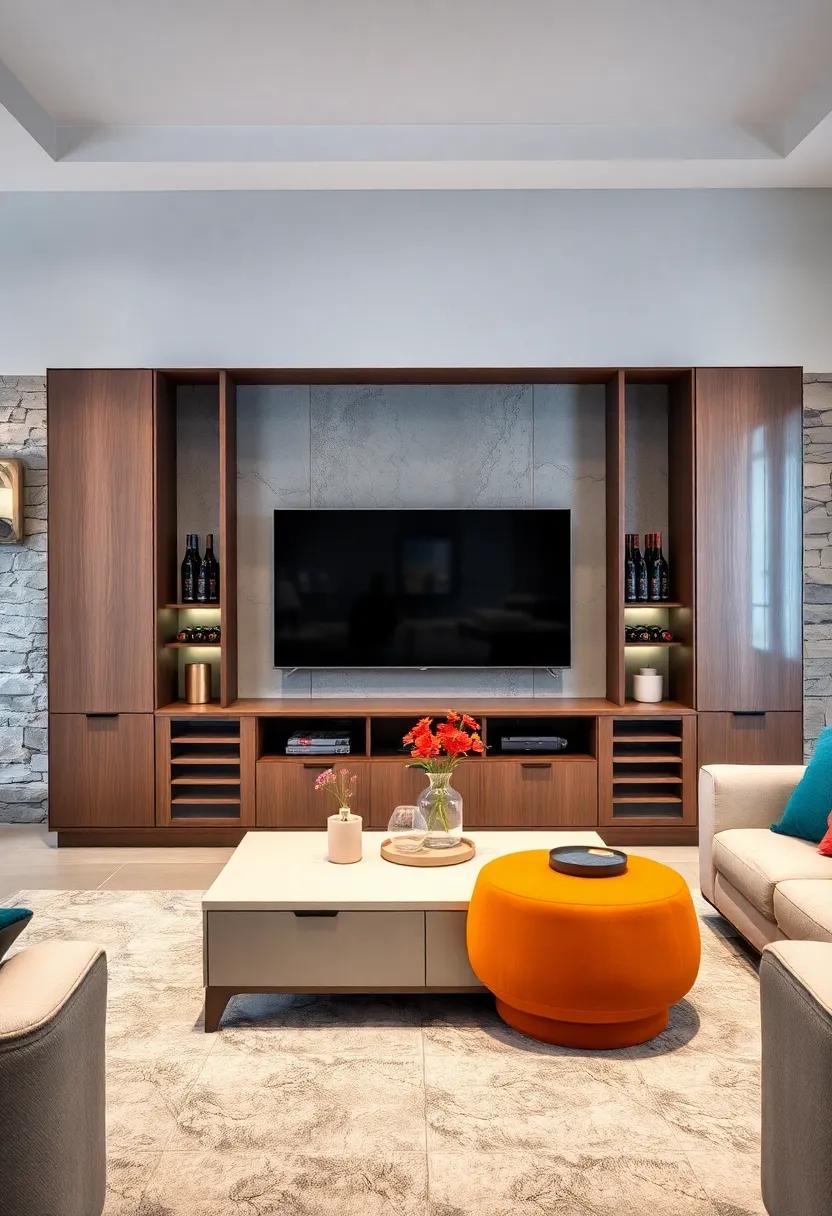Symmetrical Cabinetry Units with Integrated Wine Storage on Each Side of a TV for a Stylish Home Bar Feel