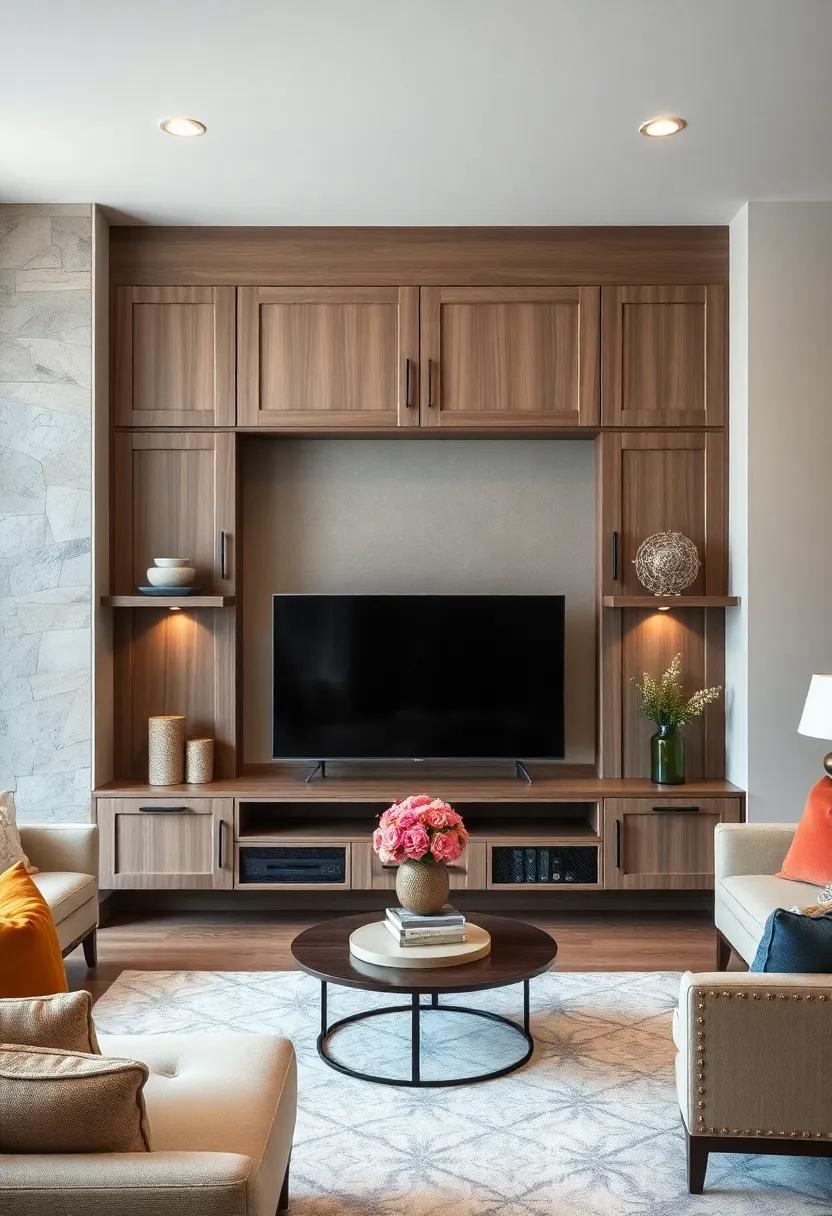 Transitional Style Cabinets Mixing Shaker Doors and Modern Hardware Accents Around a Wide Screen TV