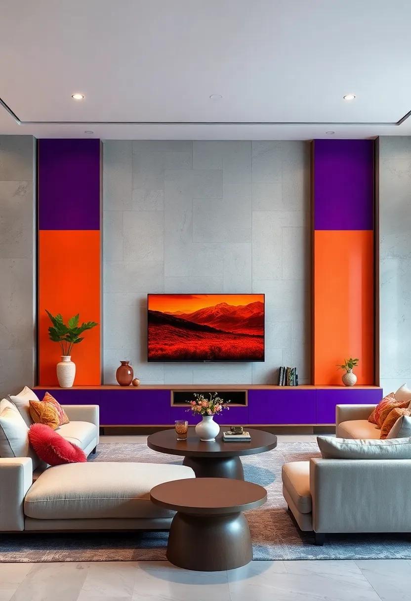 Vibrant Two-Tone Cabinetry Paired With a Large TV Creating a Dynamic Contrast in a Contemporary Lounge