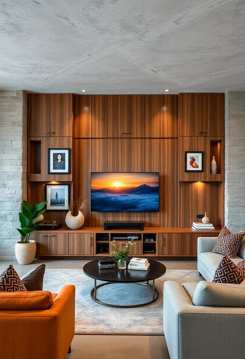Warm Walnut Finished Cabinets Surrounding a Curated TV Wall with Space for Art and Tech Accessories