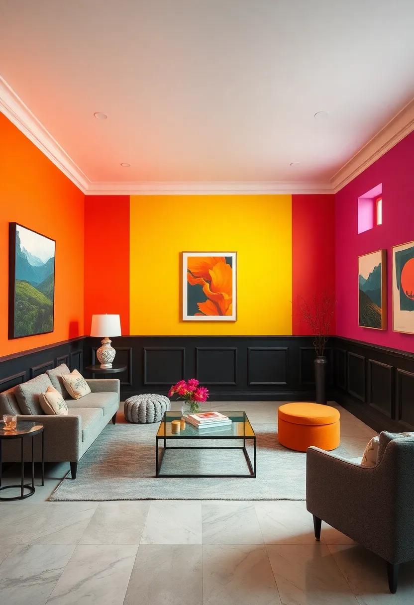 Bold Black Wainscoting Framing Vibrant Colored Walls for a Striking Contemporary Gallery Look
