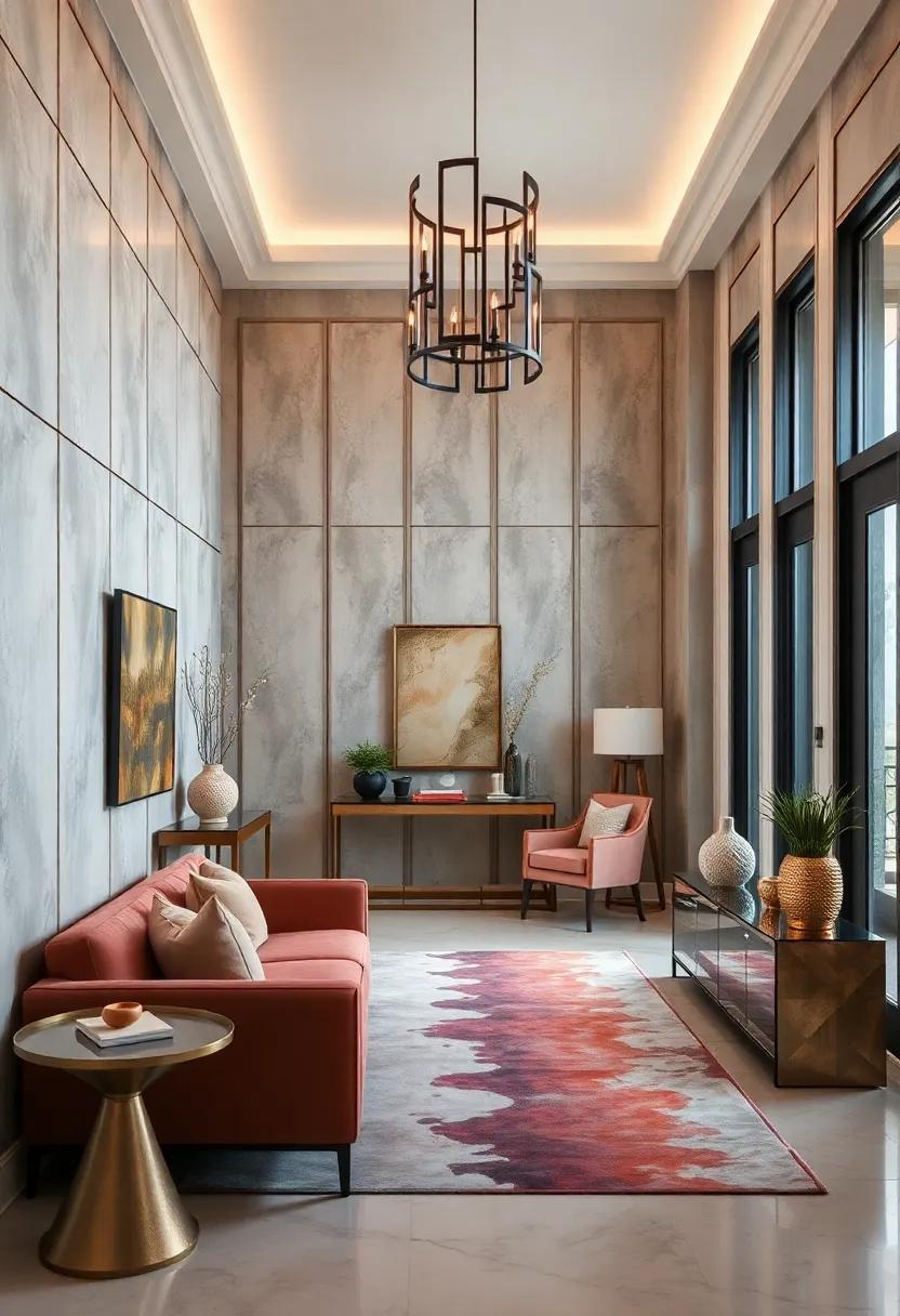 Large Scale Wall Panels with Metallic Finishes Creating Drama and Luxe in an Entryway
