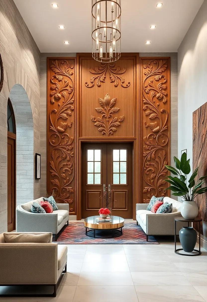 Artistic Carved Wood Panels with Intricate Floral and Abstract Motifs Adding Sophisticated Texture and Depth
