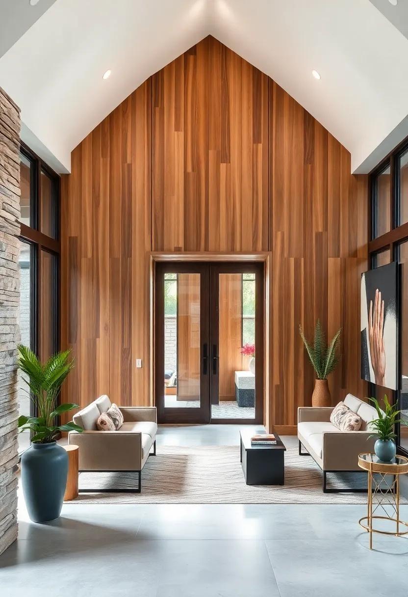 Contemporary Vertical Wood Panels in Varied Widths and Natural Grain Showcasing Height and Spaciousness in Entryways