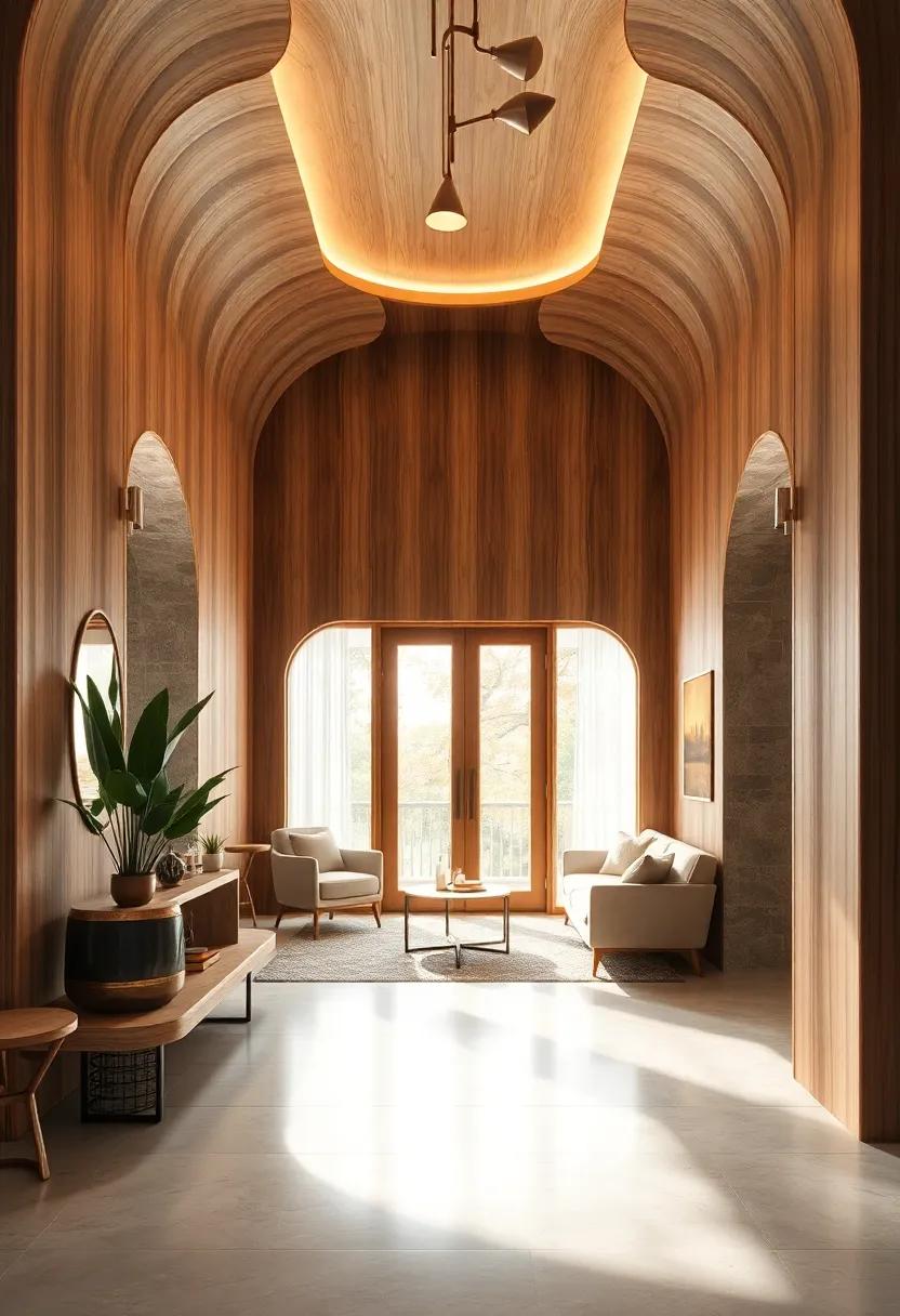 Curved Wood Panel Structures Creating Sculptural Forms and Inviting Organic Shapes in Entryway Design