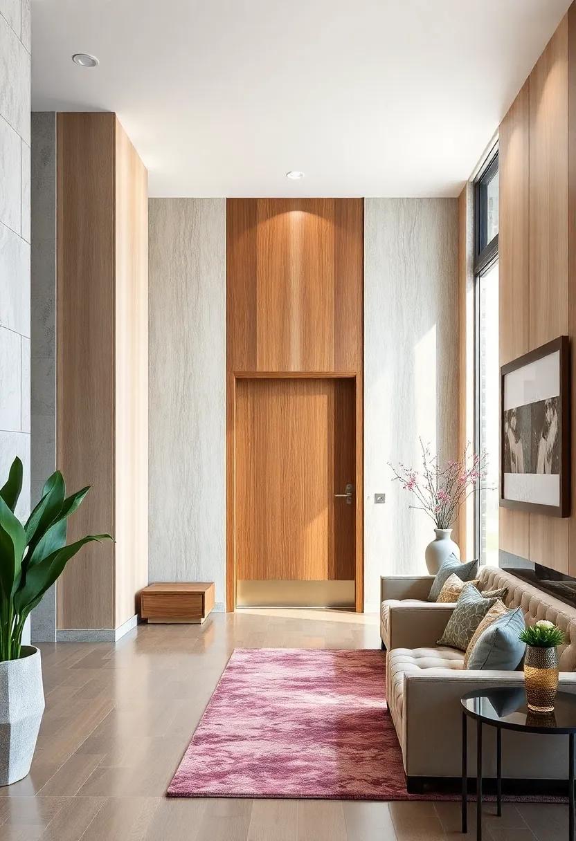 High Gloss Lacquered Wood Panels Reflecting Light and Elevating Entryway Space with Sleek Contemporary Flair