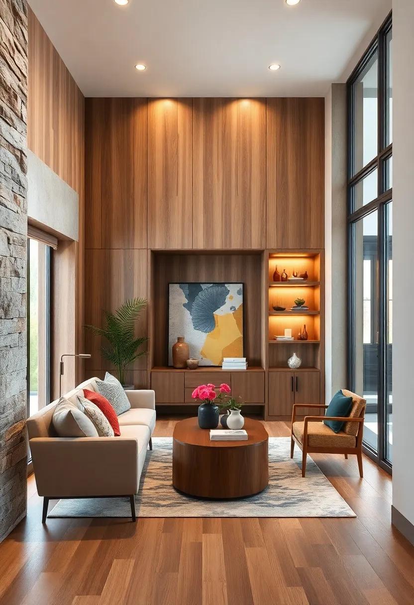 Incorporated Niche and Shelves within Wood Panel Walls Adding Practical Storage with Seamless Integration