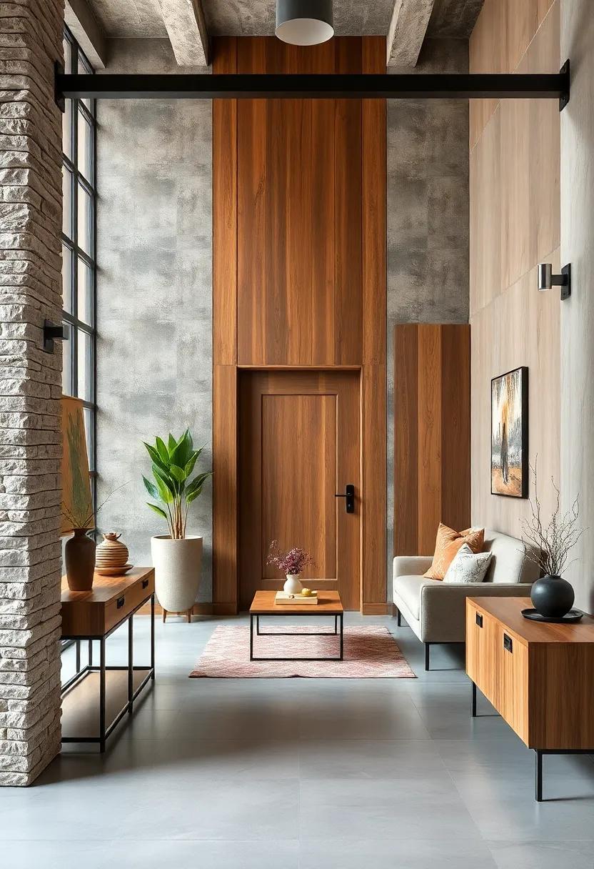 Industrial Style Wood Panel Entryways Mixed with Metal Accents, Raw Wood, and Exposed Hardware for Urban Edge