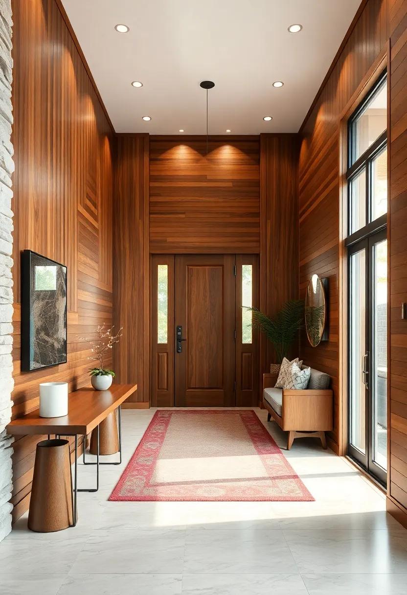 Mid-Century Inspired Wood Paneling Featuring Horizontal Slats and Rich Walnut Finishes for Retro Elegance