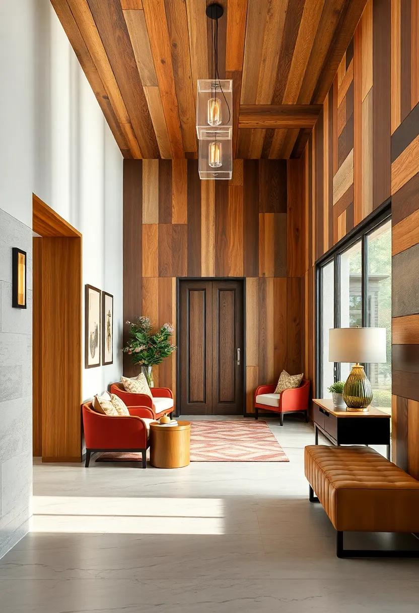 Multi-Tonal Wood Paneling Arranged in Randomized Patterns for Eclectic and Artistic Entryway Statements
