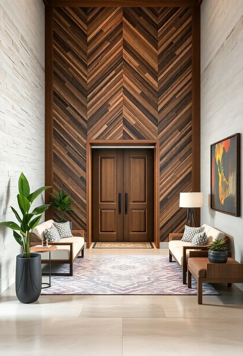 Textured Chevron Pattern Wood Panels for Entryways Creating Dynamic Movement and Visual Rhythm