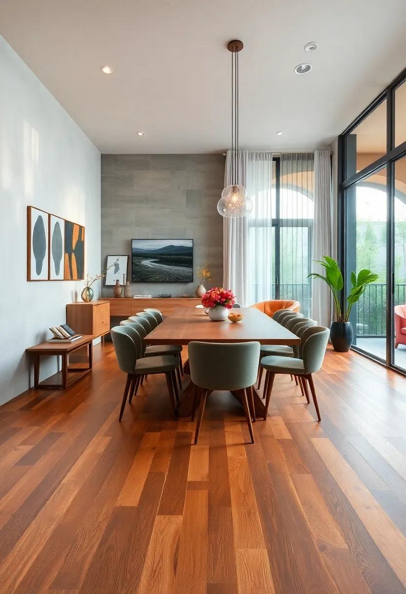 Warm Wooden Floors Creating a Cozy Atmosphere in a Spacious Modern Dining Room