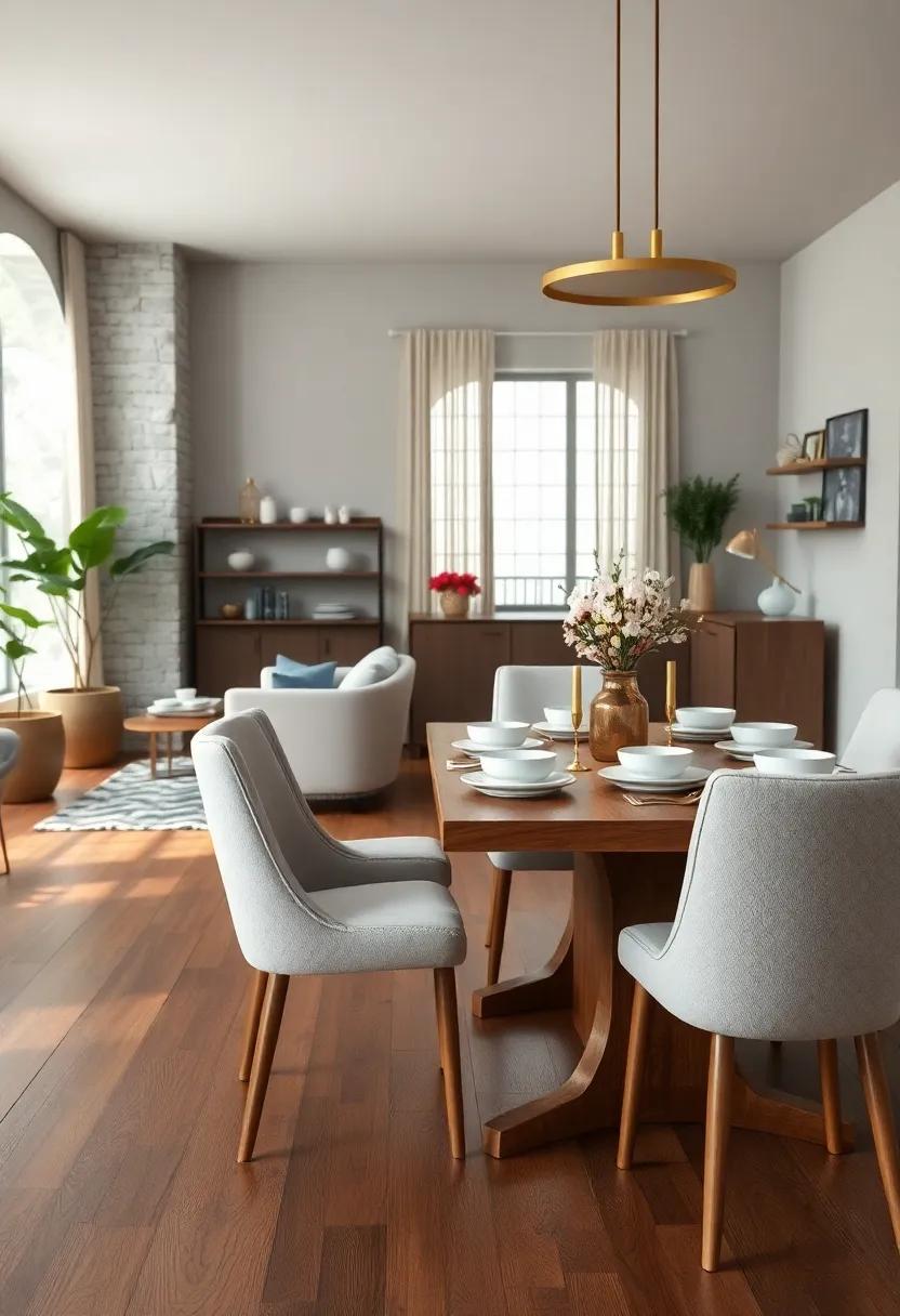 Textured Wooden Floorboards Paired with Elegant Porcelain Dishware and Brass Accents