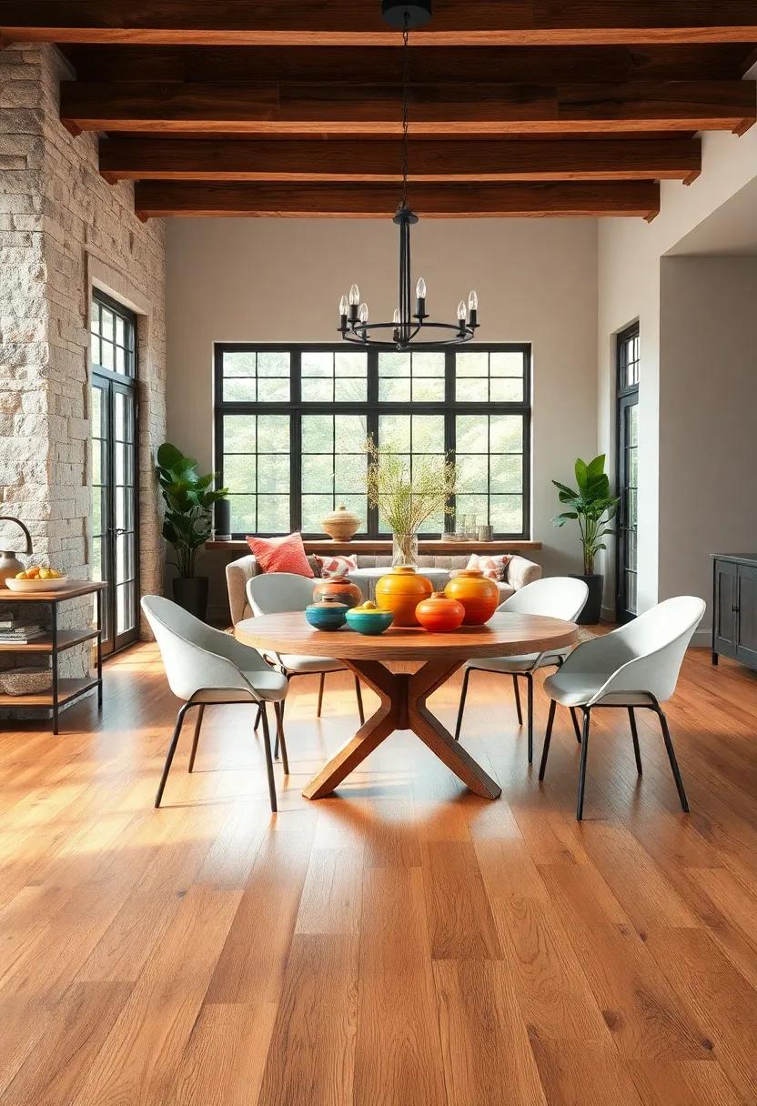 Bright Maple Flooring Surrounding a Round Table Set with Colorful Handmade Pottery